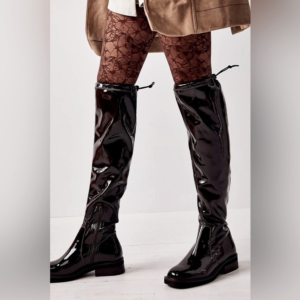 Free People Go Go Gloss Over-the-Knee Boots Size 38 Black Patent Leather